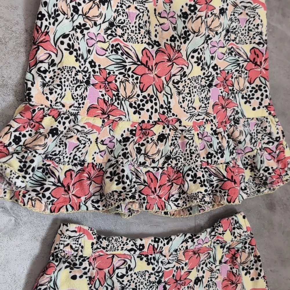 Vince Camuto Linen Tank Top Shirts Matching Set Floral Tiger Girls Size 8 Pink
